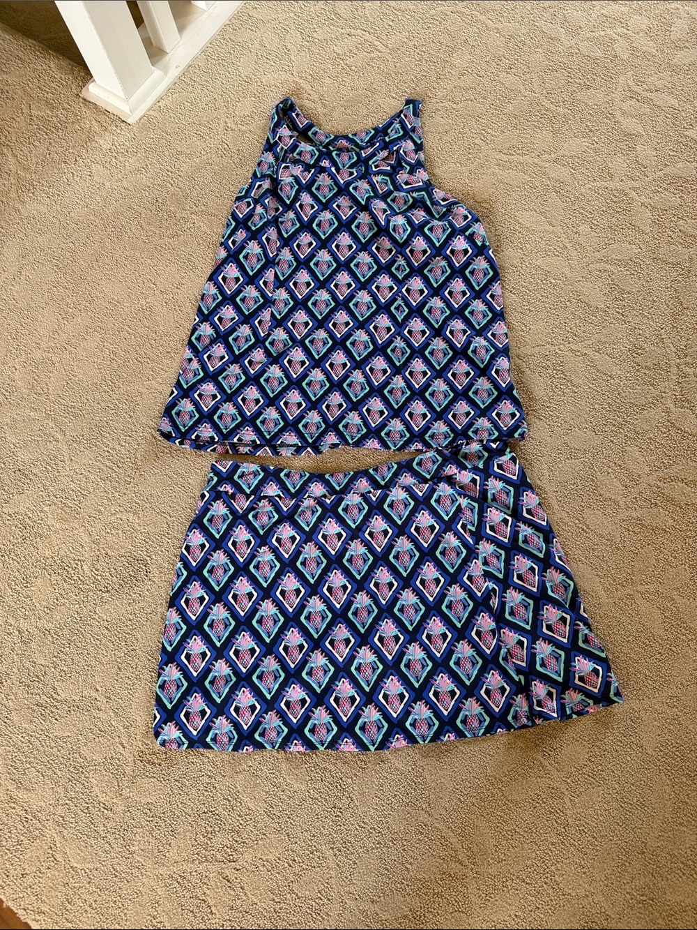Women’s Navy Tank & Skirt Set with Pink and Teal Geo Print
